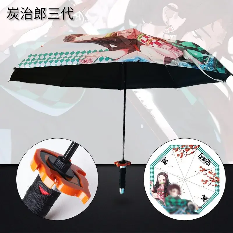 New Demon Slayer Knife Umbrella Handle Fold Umbrella Wind Sun And Rain Protection Anime Figure Handle Fold Umbrella Gift