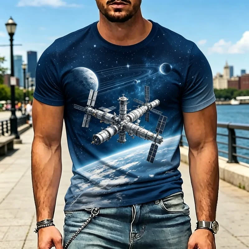 Men's Sci-Fi & Fantasy Landscape Print Casual T-Shirts, Short Sleeve Tops for Street Style, Fantasy Fans and Everyday Wear