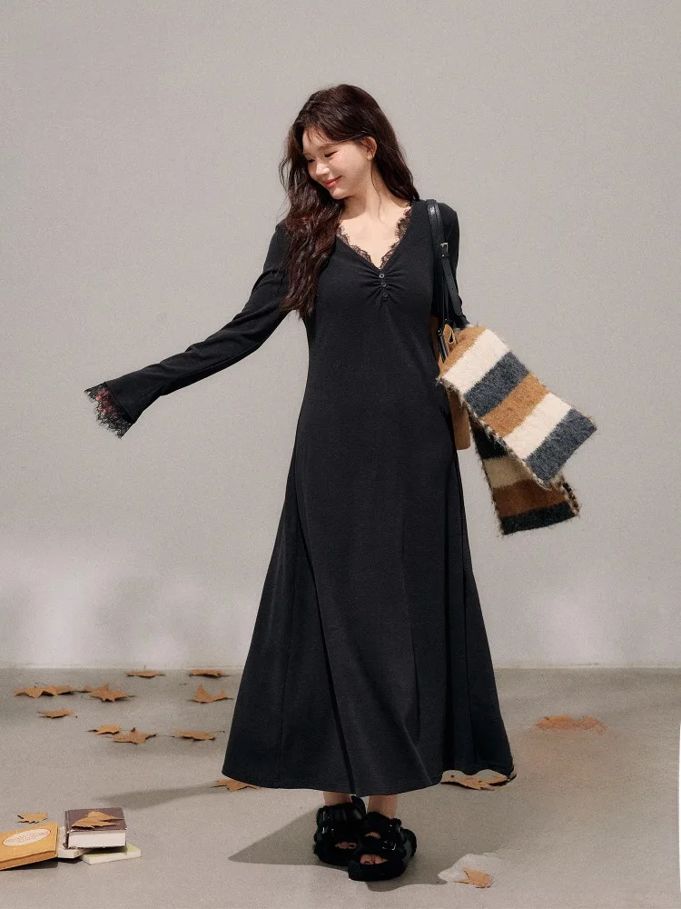 

Зимнее платье макси больших размеров с кружевным V-образным вырезом, корейский стиль, для офиса, с высокой талией, длинными рукавами, для стройности, Pure Desire