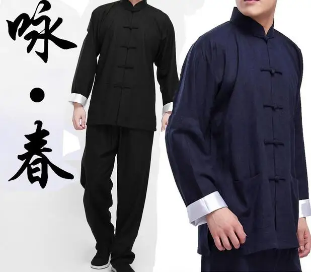 Traje Tang chino clásico para hombre, ropa de Kung Fu Simple, Color negro, azul marino, ropa de Tai Chi, conjuntos completos de 2 piezas