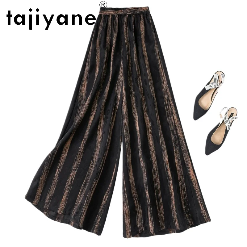 TAJIYANE 24MM Xiangyun Sha Wide Leg Pants for Woman 100% Mulberry Silk Jacquard Baggy Pants Stripe Summer Trousers Women Clothes