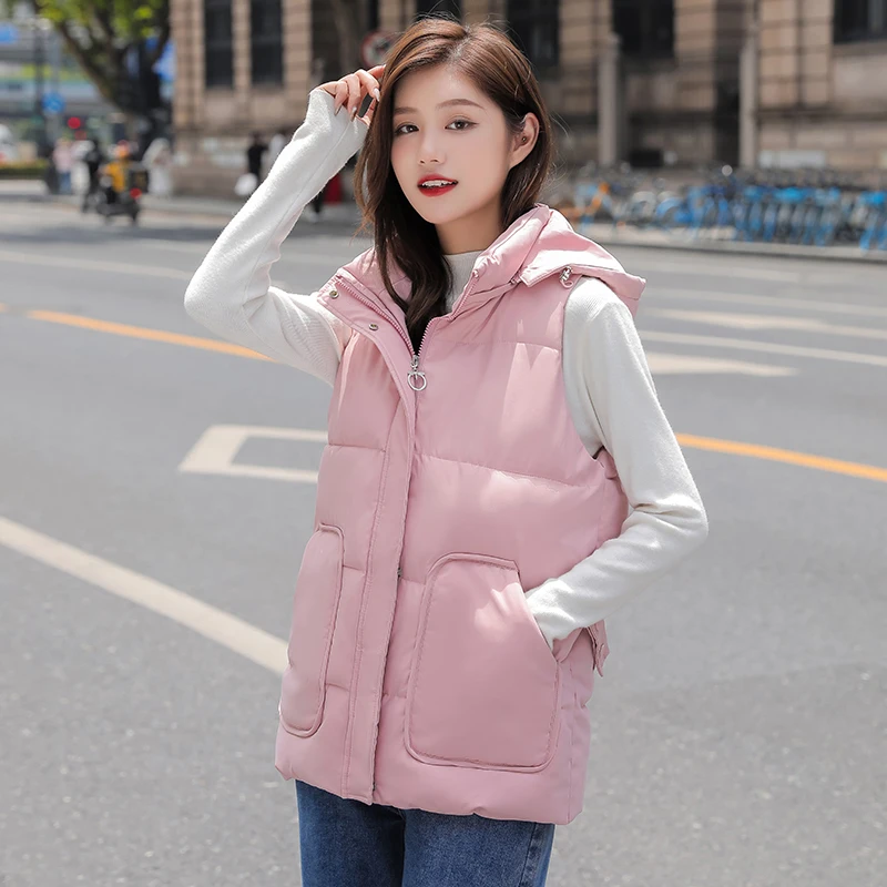 CRRIFLZ New Women Autumn Winter Hooded Neck Solid Color Sleeveless Loose Big Pockcet All Match Warm Coat For Fashion