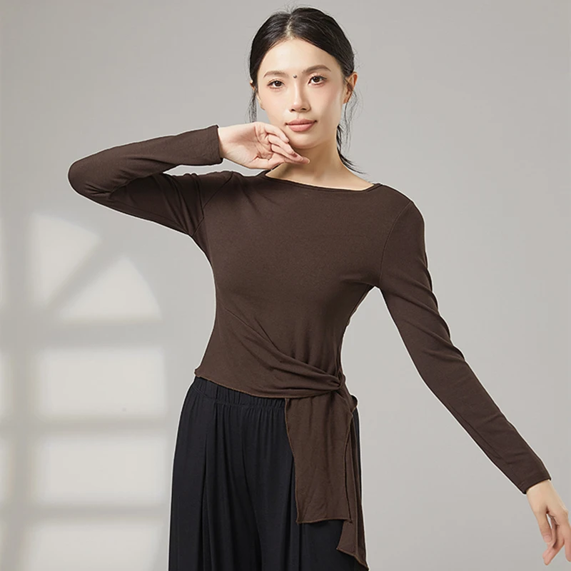 女性モダンダンス練習服トップ長袖シャツ裾包帯エレガントスリム大人のパフォーマンスラテン競技ダンスウェア