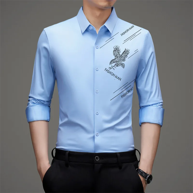 Coolness Seamless Embossed Shirts For Men Long Sleeve Easy-Care Summer High-Quality Silky Comfortable Stretchy Camisas De Hombre