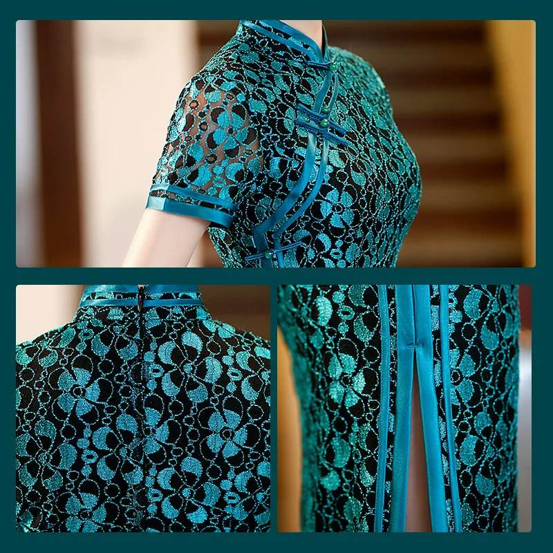 2024 Green Sexy Lace Hollow Cheongsam Short-sleeved Stand-up Collar Chinese Traditional Evening Qipao Dress Tang Suit for Women