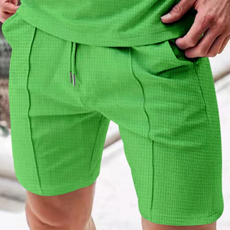 2024Solid Color Summer New European and American Men\'s Sports Waffle Trendy Shorts Casual Shorts