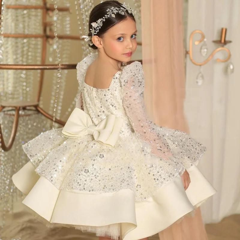 Flower Girl Dresses Champagne Puffy Sequin With Bow Long Sleeves For Wedding Birthday Party Banquet Princess Gowns