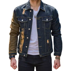 New Men Streetwear Retro Style Holes Distressed Slim Denim Jacket High Quality Male Ripped Design Casual Jacket Coat