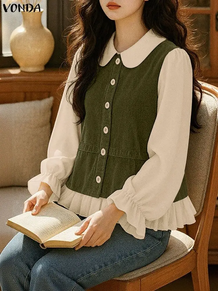 VONDA Moda Manica Lunga Camicie Eleganti Donna Autunno Top Camicetta 2025 Casual Colore Patchwork Colletto Peter Pan Ufficio Blusas