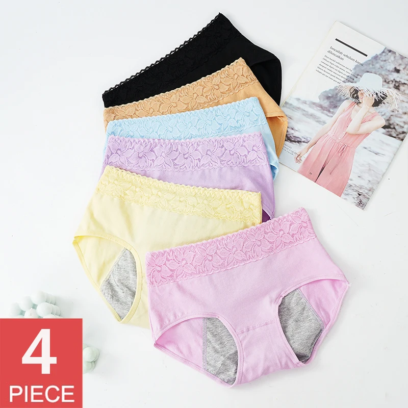 4PCS Women Panties Menstruation Cotton Panties Comfortable Briefs Plus Size Female Breathable Lingerie Menstrual Underwear