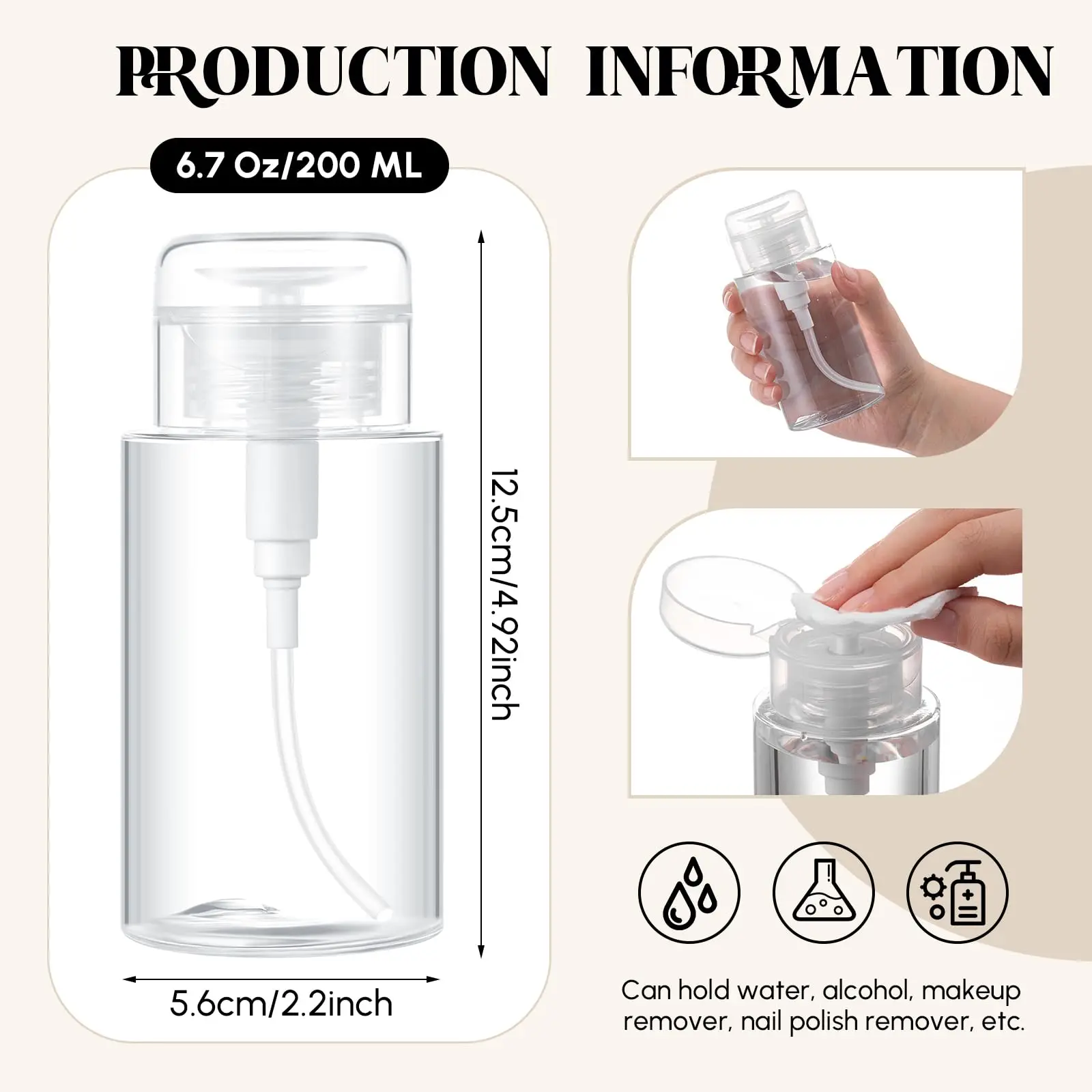 6 Pack Push Down Pump Dispenser 200 ml Empty Nail Polish Remover Pump Alcohol Pump Dispenser Push Top Bottles Containers