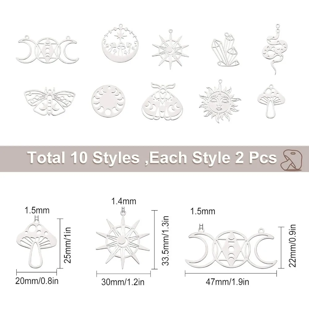 1 Box 20Pcs 10 Styles Tarot style Mushroom Snake Sun Moth Beetle Prism Charms Pendants Stainless Steel Stamping Blank Tag