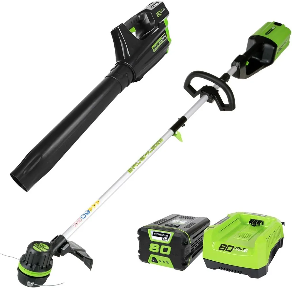 80V Cordless Brushless String Trimmer + Leaf Blower Combo, 2Ah Battery and Charger Included