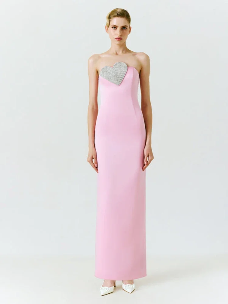 

Sexy Pink Sleeveless Strapless Heart Shape Crystal Design Long Dress Women Diamonds Stain Maxi Slim Dress Elegant Evening Party