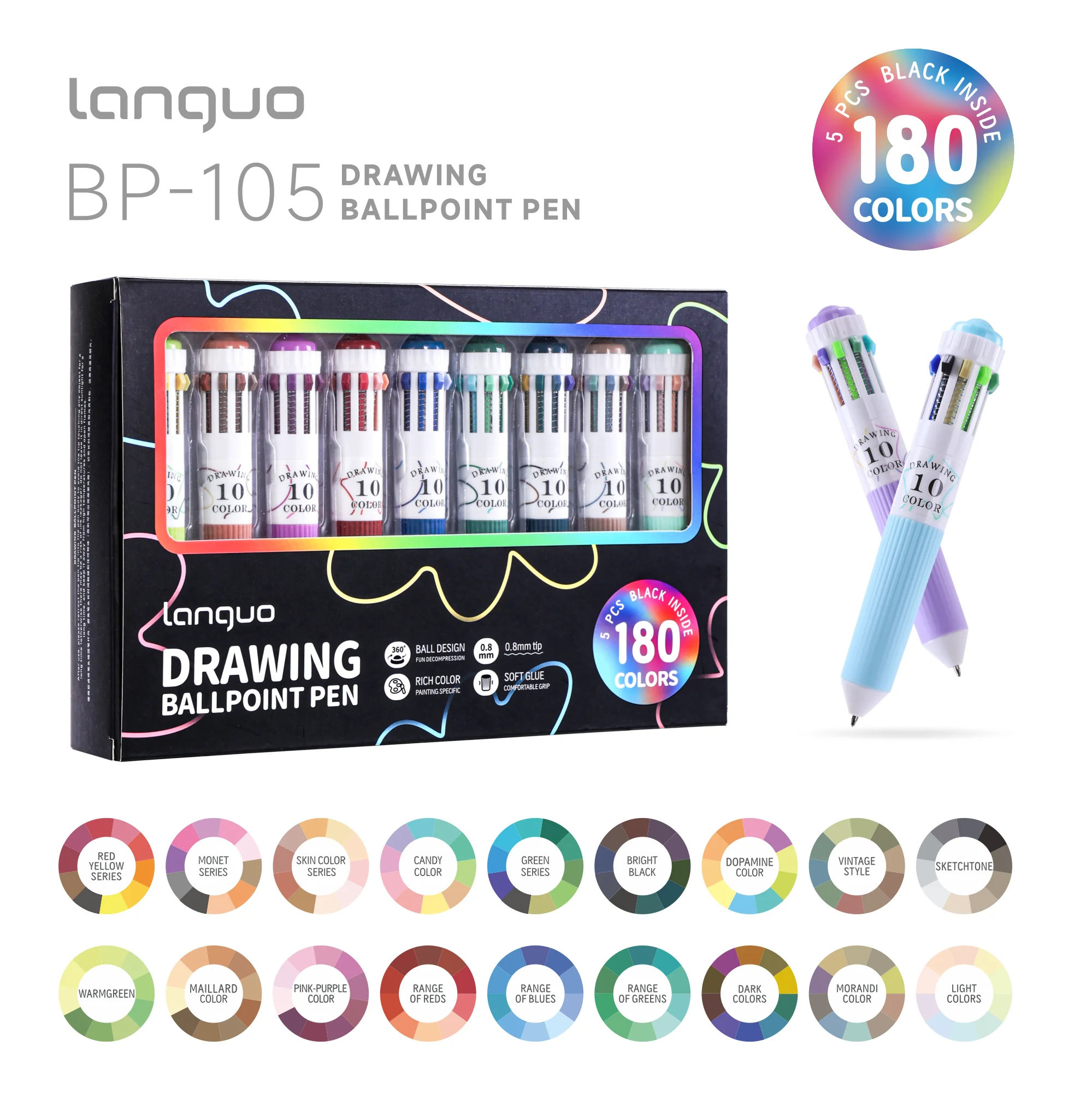 Languo Multicolor Pennen, 180 kleuren, 10-in-1 gekleurde balpen, 0,8 mm fijne punt voor soepel schrijven, intrekbare balpennen