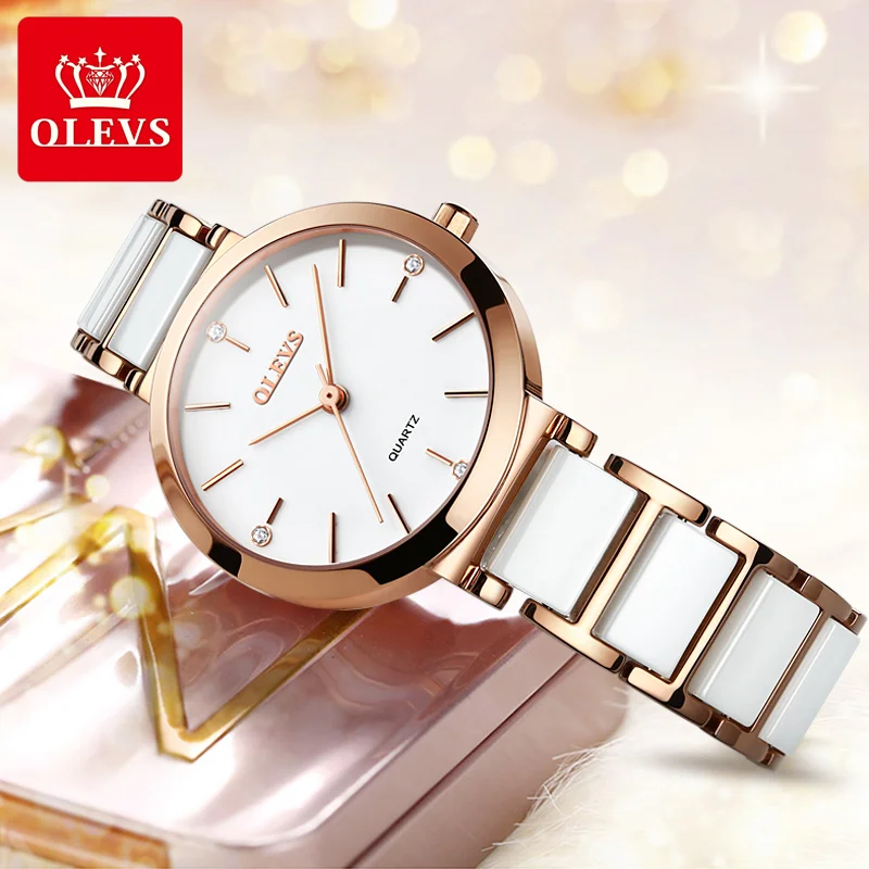 Olevs cerâmica pulseira de quartzo relógio feminino à prova dwaterproof água relógio de marca de luxo para mulheres moda elegante senhoras pulseira