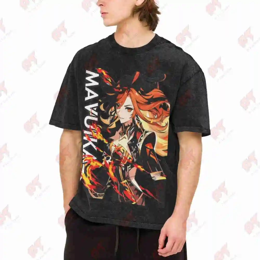 Anime Mavuika Dynamic Action Flaming Effects Vintage Washed Tee Pure Cotton T-Shirt