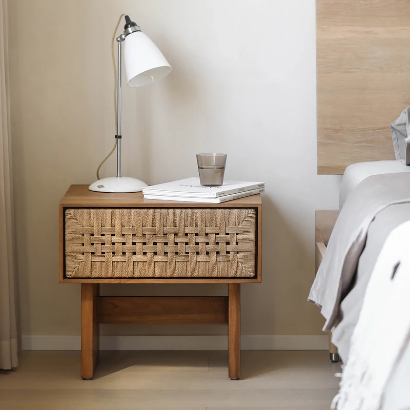 

Solid wood rope bedside table storage cabinet retro style B & B hotel sofa side cabinet with drawer rope decoration