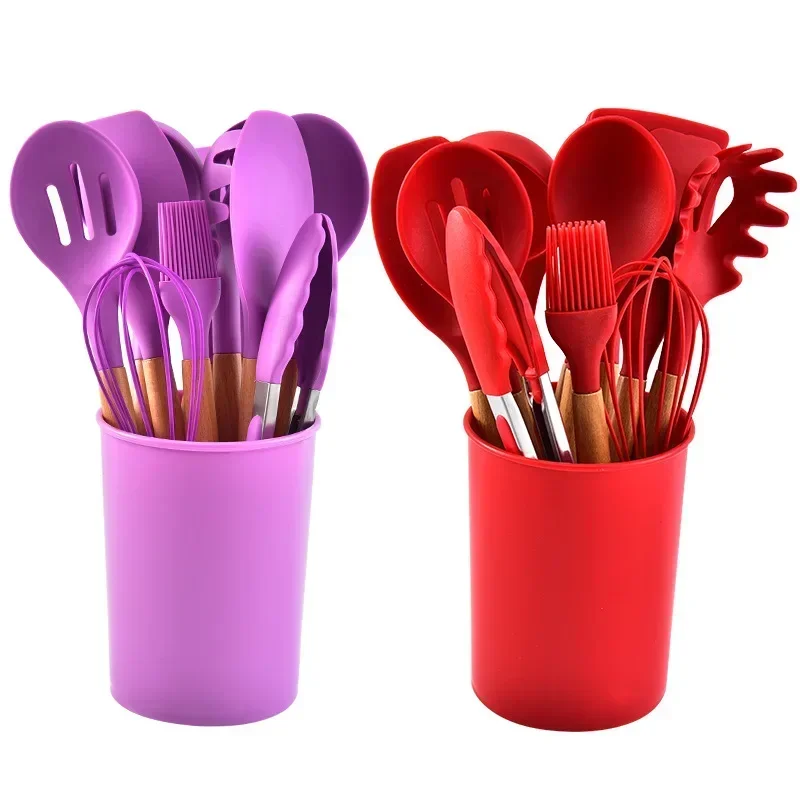 A 12-Piece Wooden Handle Silica Gel Kitchen Ware Creative Kitchen Utensils Cooking Ladel Kitchen Set