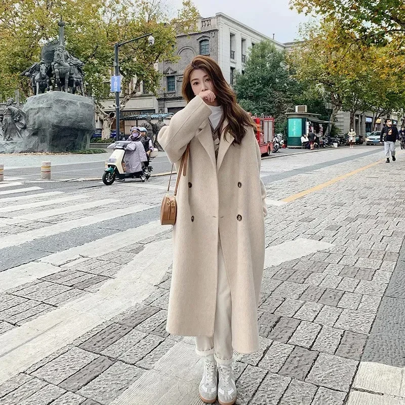 Pink Woolen Coat Women\'s Mid length 2023 Autumn/Winter New Korean Version Loose and Versatile Hepburn Style Small Woolen Coat