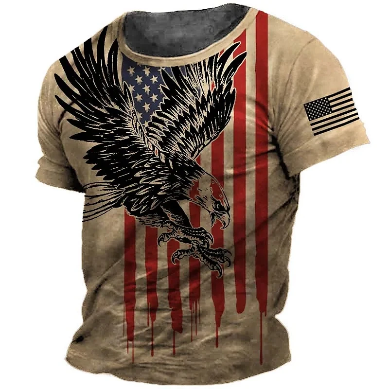 Men\'s Retro American Eagle Stereoscopic Print Street Style Short Sleeve T Shirt Summer Men\'s O Neck Large Size Sports Tops 2024