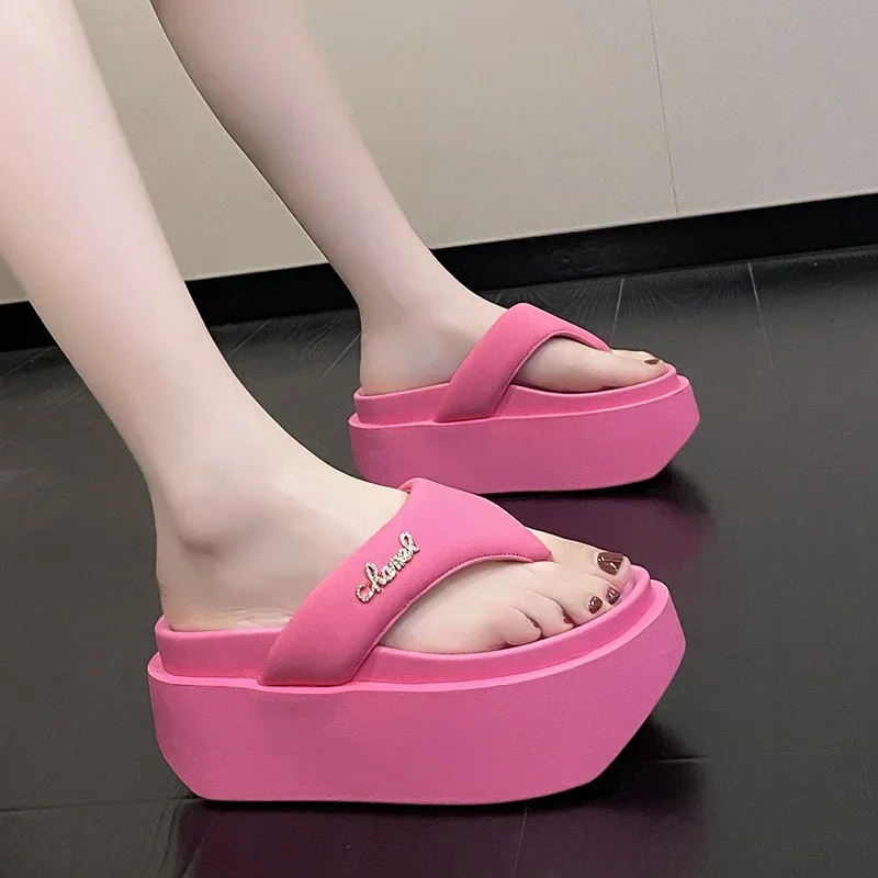 8CM Heels Wedge Slides Sandals Women Casual Outdoor Slippers Female Summer Clip Toe Beach Slippers Walking Chunky Shoes Woman