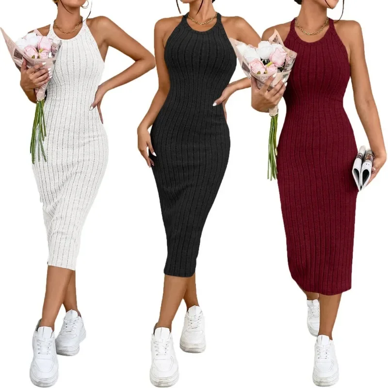 Women Summer Style Knitted Suspender Dress Lady Sleeveless Square Collar Side Slit Skirt Vestidos