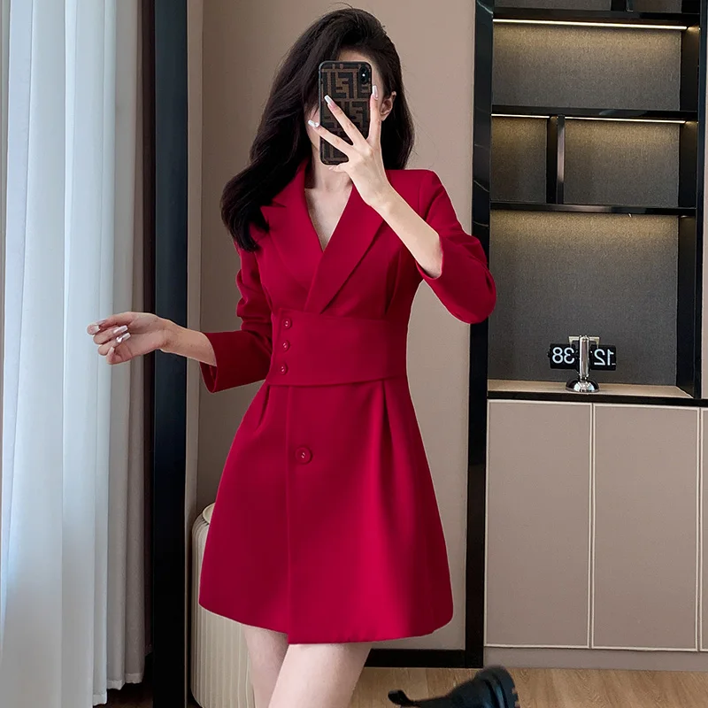 Korean Version of the Office Women's Spring and Autumn Long-sleeved Slim Waisted Lapel Solid Color Elegant Casual Suit Dresses