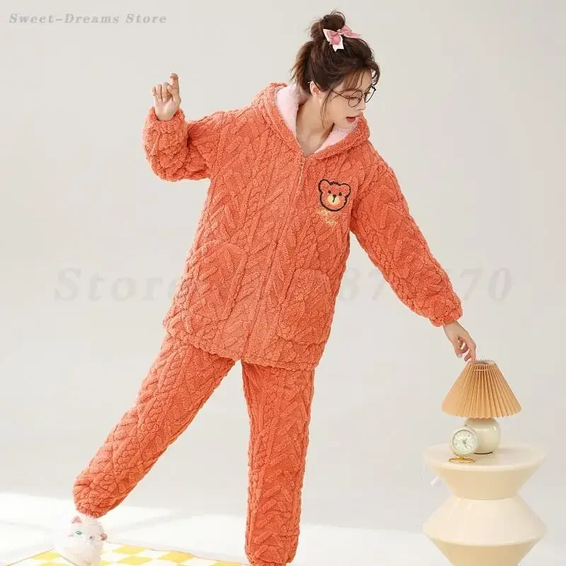 Warm Flannel Trouser Pijamas Suit with Pocket Winter Female Thickened Pajamas Set Coral Fleece Hooded Sleepwear Loose Home Wear
