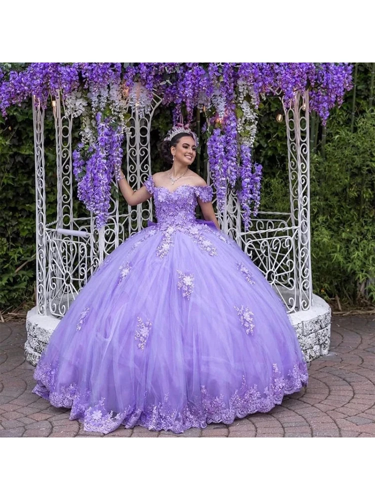 Фиолетовое платье Quinceanera, бальное платье с аппликацией из тюля, пышное 3D цветочное милое платье принцессы для девочек 16 лет, праздничное вечернее платье на день рождения