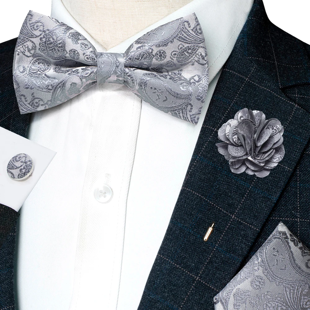 Champagner-Seiden-Jacquard-Paisley-Fliege für Herren, Brosche, Einstecktuch, Manschettenknöpfe-Set, vorgebundene Fliege mit Schmetterlingsknoten für Männer, Hochzeit, Geschäft – Detail 35