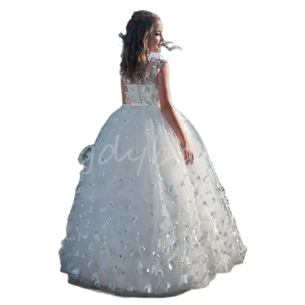 

White 3D Butterflies Appliques Flower Girl Dress For Wedding Princess Baby Girls First Communion Ceremony Pageant Kids Gown