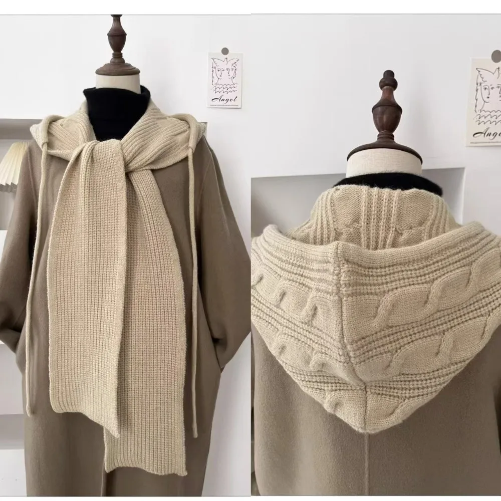 

Fashion Winter Warm Shawl Balaclava Hats Integrated Thicken Knitted Pullover Hat Solid Color Ear Protection Hooded Scarf