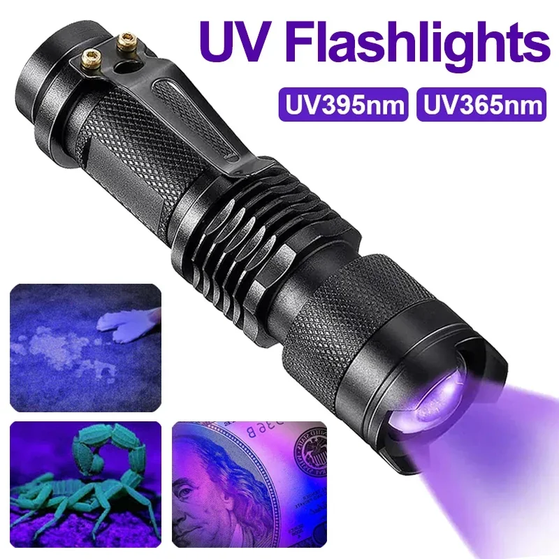 Senter LED UV 365/365 nm Mini portabel, lampu senter Ultraviolet tahan air dapat diperbesar lampu Violet detektor kalajengking urin hewan peliharaan lampu UV