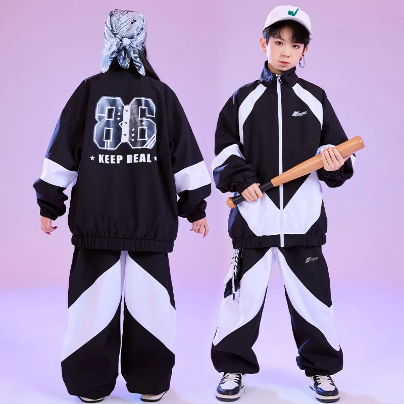 

Kid Hip Hop Clothing Black White Color Block Windbreaker Jacket Casual Jogger Pants for Girl Boy Jazz Dance Wear Costume Clothes