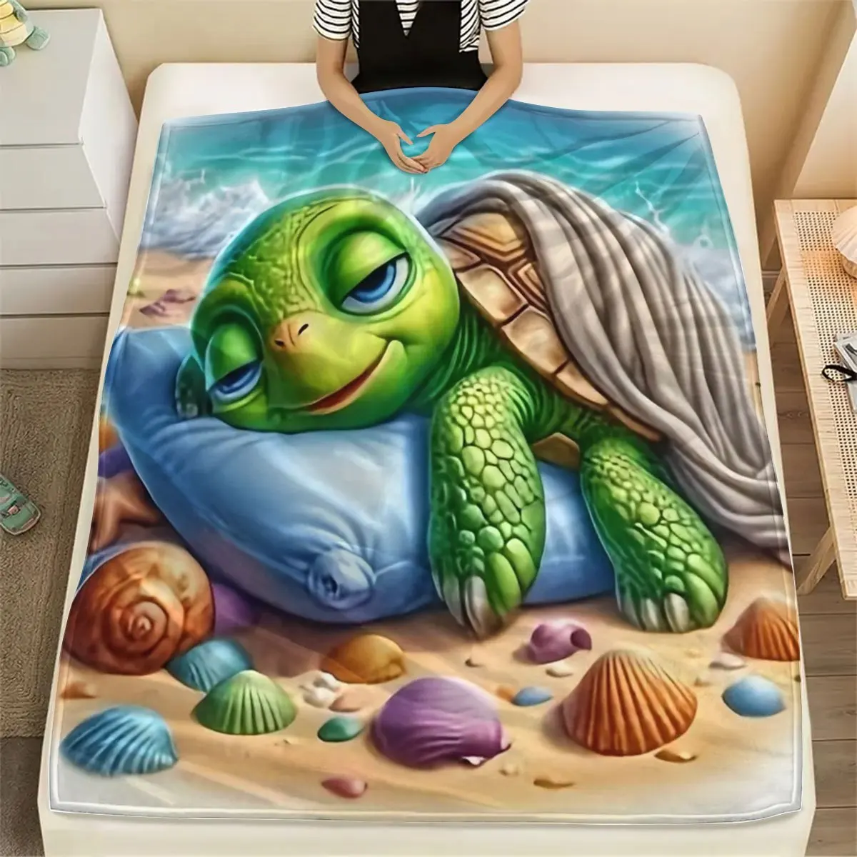 Cartoon Sleepy Sea Turtle Resting On Pillow Colorful Seashell Sandy Beach Ocean Underwater Pattern Flannel Blanket