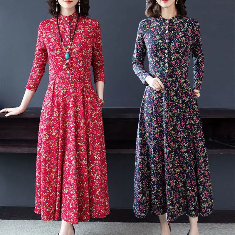 Elegant Vintage Women Floral Long Dress Spring Autumn Long Sleeve Slim Dresses Fashion Female Tunics New Casual Sundress 2023