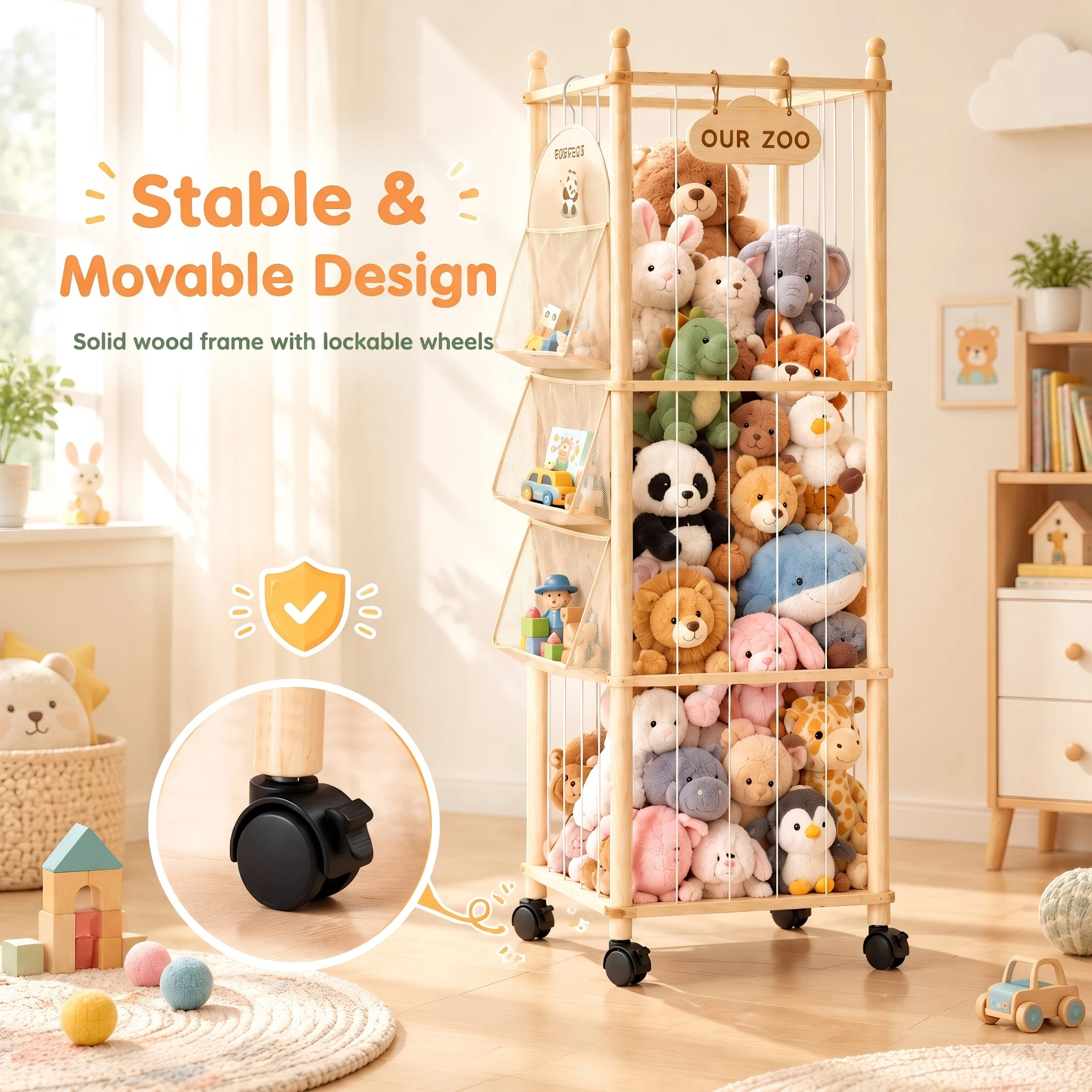 Organizador de peluches con forma de zoológico, soporte de madera para peluches con ruedas giratorias y sistema de cierre, organizador de juguetes 2 en 1 de gran capacidad con bolsillo de malla de 3 niveles en el lateral, placa identificativa personalizable, solución para ahorrar espacio y guardar peluches en la habitación de los niños.