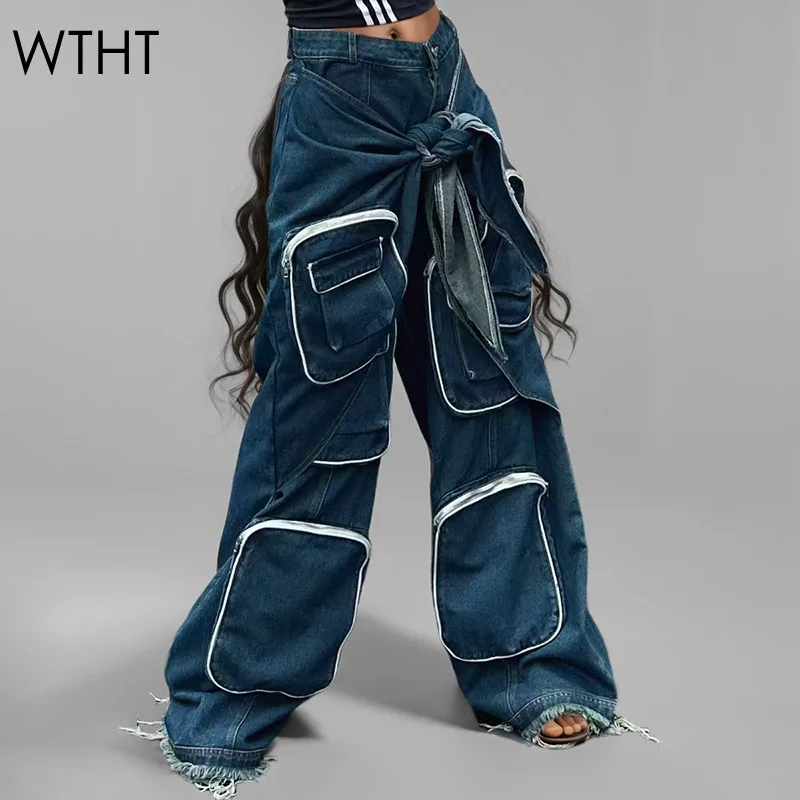 WTHT Trendy Women's Bandage Design Multi Pockets Cargo Jeans 2024 Autumn Fashion High Waist Wide Leg Denim Pants Female 1LS254