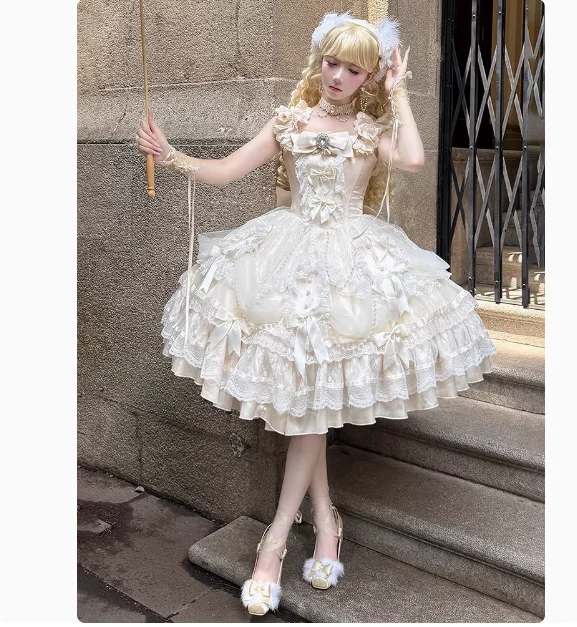 スイートロリータスタイルプリンセスドレス2025新作レディースエレガントフラワーウェディングドレスガールズキュートボウレースエッジヘビーインダストリードレス