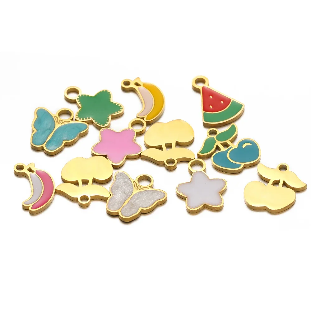 5pcs/lot Stainless Steel Drip Oil Cherry Banana Pendants Enamel Flower Charms DIY Girl Jewelry Findings Necklace Making Supplies