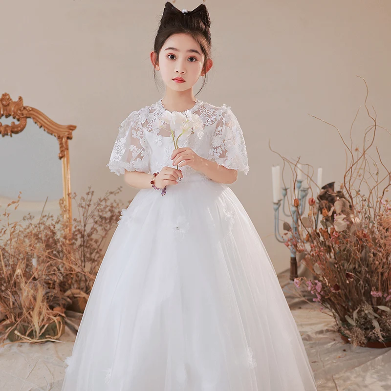 Dziewczęcy biały top z okrągłym dekoltem trójwymiarowy kwiat księżniczka rękaw suknia ślubna sukienka dla młodszej druhny balowa impreza/niestandardowe