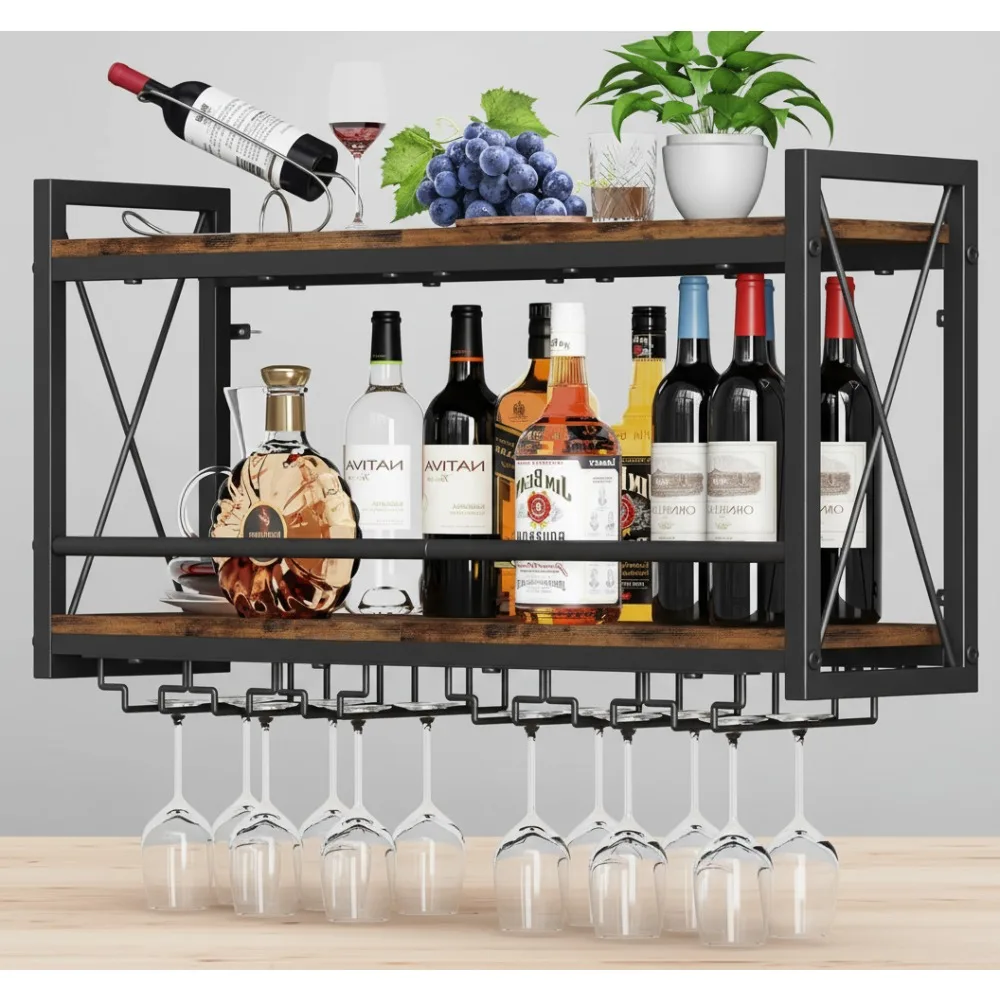 

Vintage Wall Mounted Wine Rack with Glass Holder - Wood Metal Display Storage for Kitchen Dining Home Bar Decor