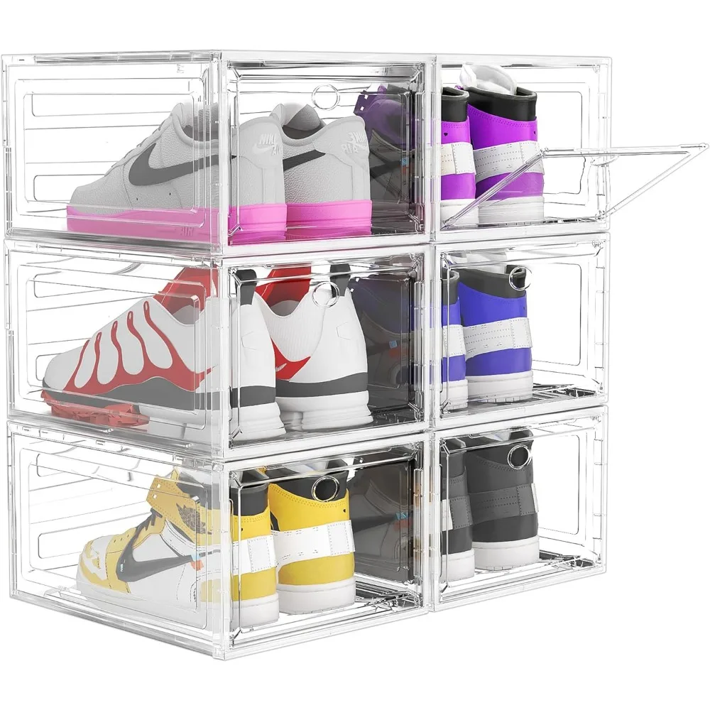 

Upgrade Harder Solid Plastic Shoe Organizer W/ Magnetic Front Door,6 Pack Shoe Boxes Clear Stackable, Sneaker Storage for Closet