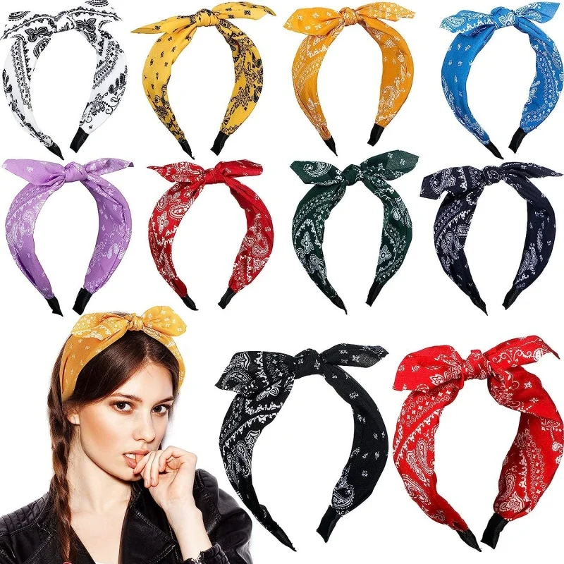 

2024 Boho Floral Print Headbands Bow Wide Brimmed Head Hoop For Women Vintage Elegant Headwear Cross Knot Hair Hoop For Vocation