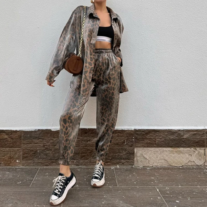 Leopard Shirt Top & Cuffed Pants Set Women Wide Leg Pant Sets Two Piece Suit Spring Summer High Waist Elegant Trousers Suits