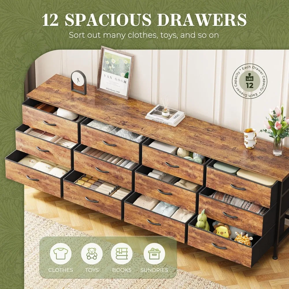 Cômoda de 70 polegadas para quarto, para TV de 65, 75, 80 polegadas, cômoda longa com 12 gavetas de tecido, para quarto, suporte de TV grande