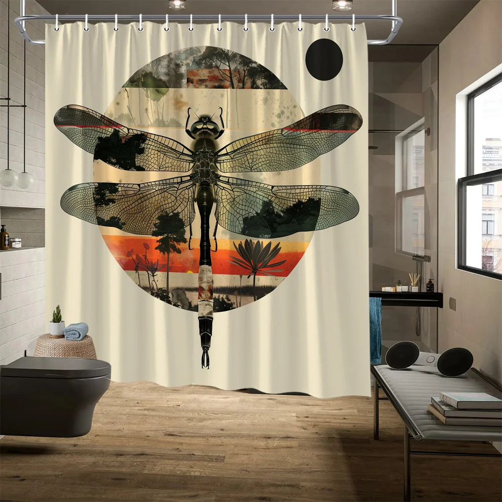 

Занавеска для душа «Бабка и закат» — симметричная стрекоза, абстрактные круглые деревья и небо заката, устойчивая к выцветанию, моющаяся