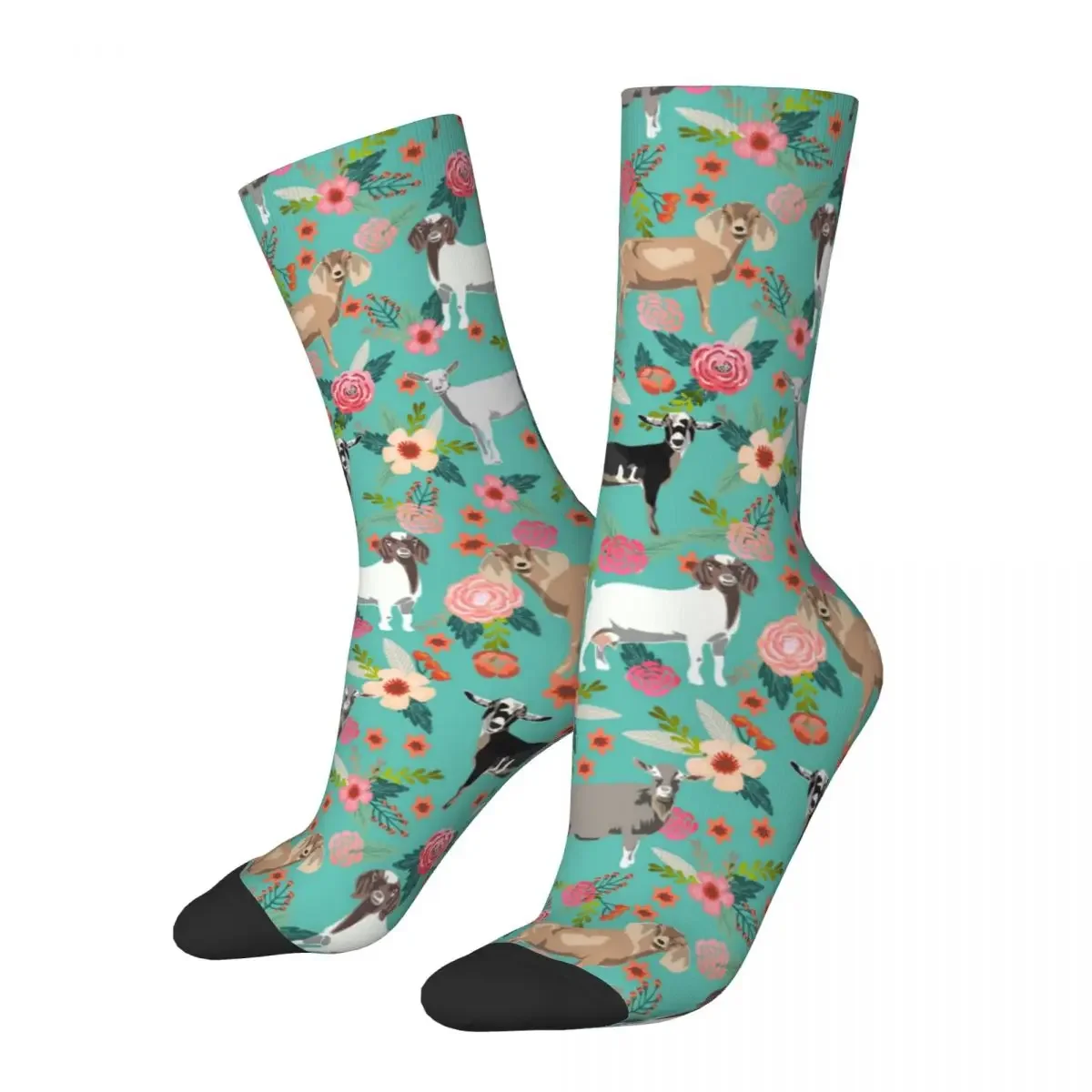 

New Male Men Socks Casual Goats Floral Turquoise Sock Polyester Animal Sport Women Novelty Street Style Socks Winter