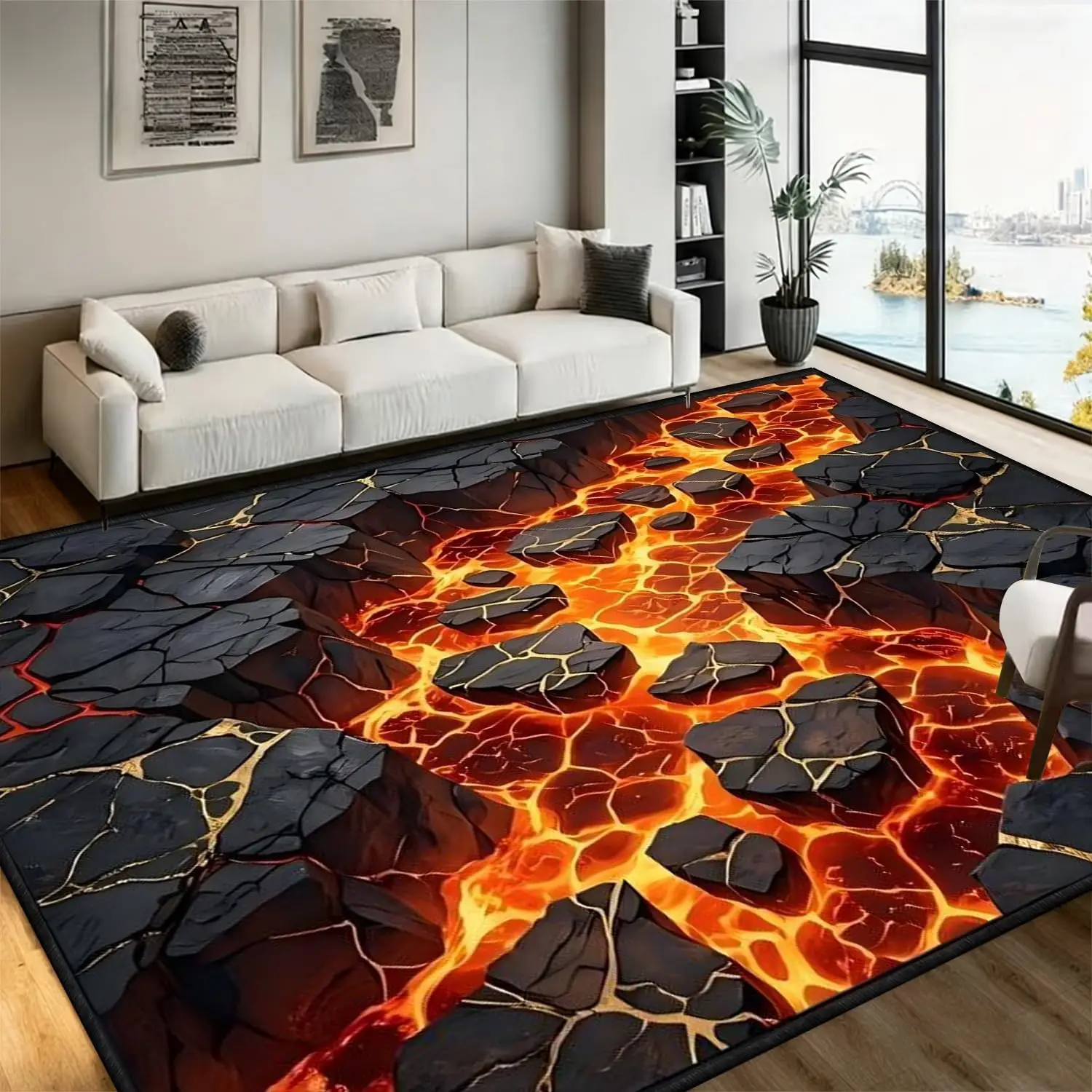 3D Optical Illusion Flame Runner Rug Kitchen Rugs Retro Rock Cracks Print Laundry Room Runner Rug Entryway Indoor Bedroom Rugs